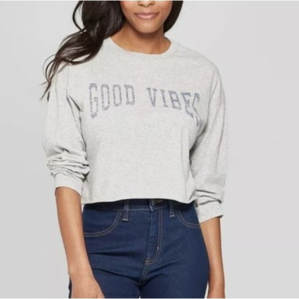 Grayson Threads “Good Vibes” (M) cropped long sleeve T-shirt in grey